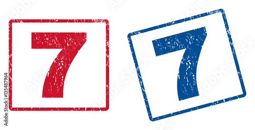 7 text rubber seal stamp watermarks. Vector style is blue and red ink tag inside rounded rectangular banner. Grunge design and dust texture. Blue and red signs.
