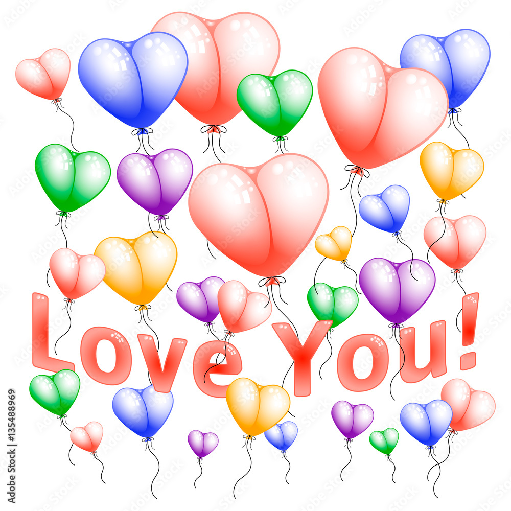 Vector flying colorful heart shape balloons on white background