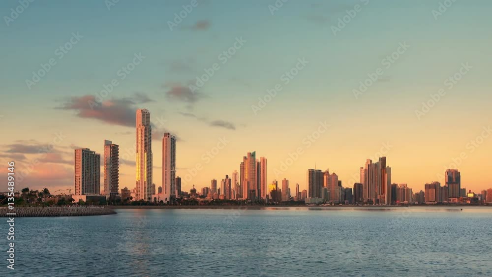 pan across panama city skyline at sunset pan across panama city skyline at sunset