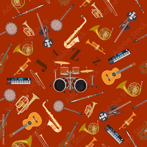 Vector seamless pattern with jazz music instruments.