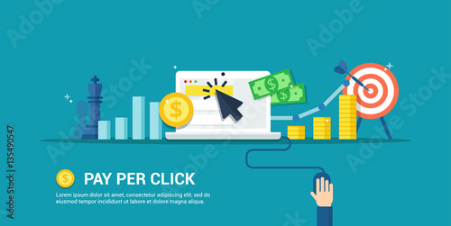 Internet advertising process - abstract banner in flat style. Pay Per Click vector illustration. Concept of strategy, analytics, successful result and profit growth.