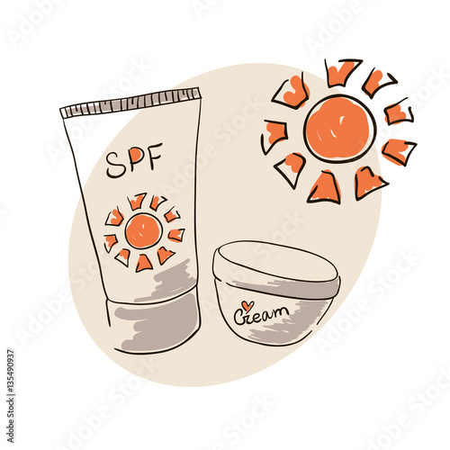 Doodle image sunblock cream for body skin care. Doodle drawing. Hand drawing. Doodle sun. Sunblock