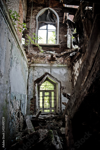 Ruined interior of an abandoned mansion of Khvostov in gothic style, Lipetsk reg photo