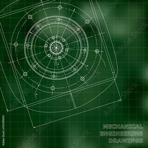 Mechanical engineering drawings. Engineering illustration. Vector background. Green. Grid