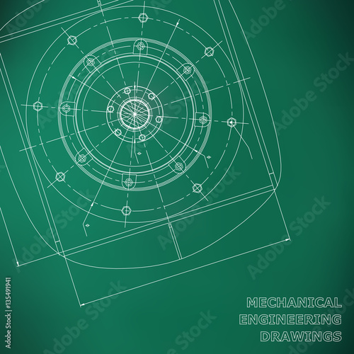 Mechanical engineering drawings. Engineering illustration. Vector background, green