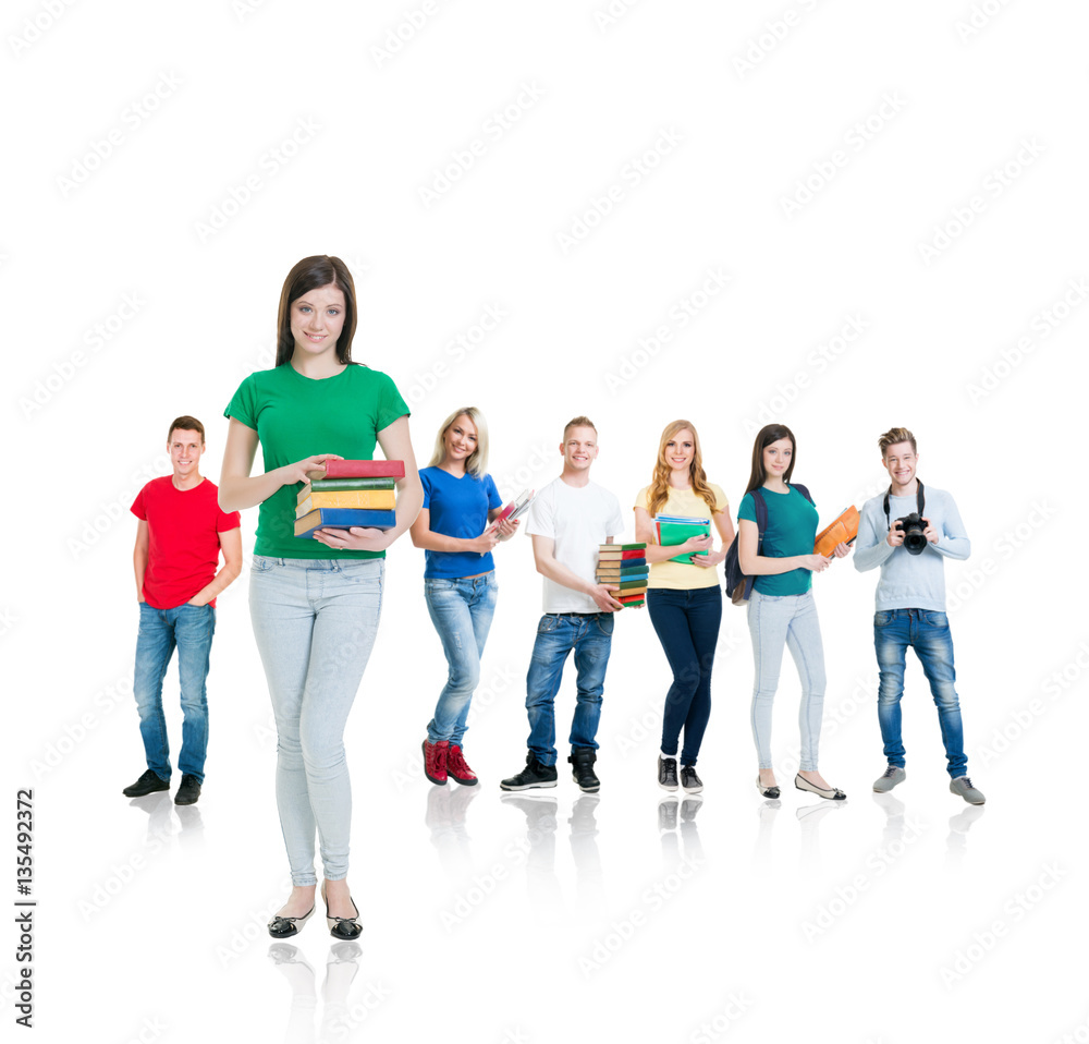 Large group of teenage students isolated on white background. Many different people standing together. School, education, college, university concept. Large group of teenage students isolated on white background. Many different people standing together. School, education, college, university concept.