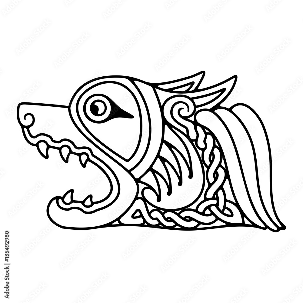 Celtic zoomorphic national figure. Animal Dog head with open mouth and bared fangs. Celtic zoomorphic national figure. Animal Dog head with open mouth and bared fangs.