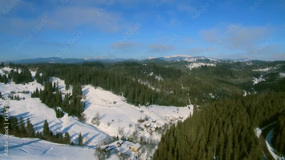 Aerial Helicopter View of of Cascade Mountain Range on Sunny Winter Day. Green tree in a winter day Aerial Helicopter View of of Cascade Mountain Range on Sunny Winter Day. Green tree in a winter day