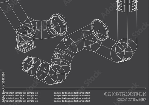 Drawings of steel structures. Pipes and pipe. 3d blueprint of steel structures. Cover, background for your design
