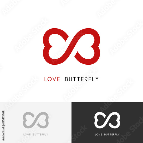 Love butterfly logo - two red hearts or wings of the moth symbol. Valentine, relationship and infinity vector icon.