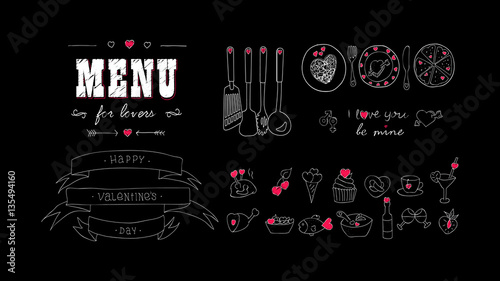 Menu board  hearts. Love symbol icons. Hand drawn vintage Vector Food sketch doodle set.  Template Valentine s day  wedding  anniversary. Design for bar  restaurant  print  banner  web. Chalkboard