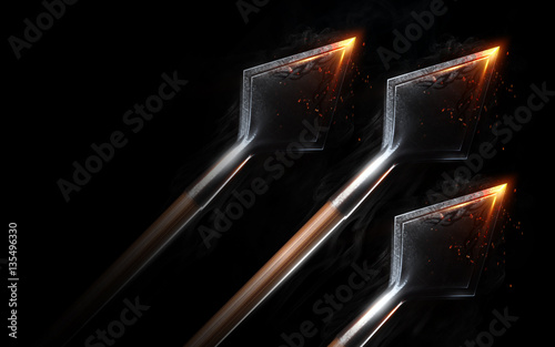Blazing flying arrows on black background isolated. Concept. 3d render