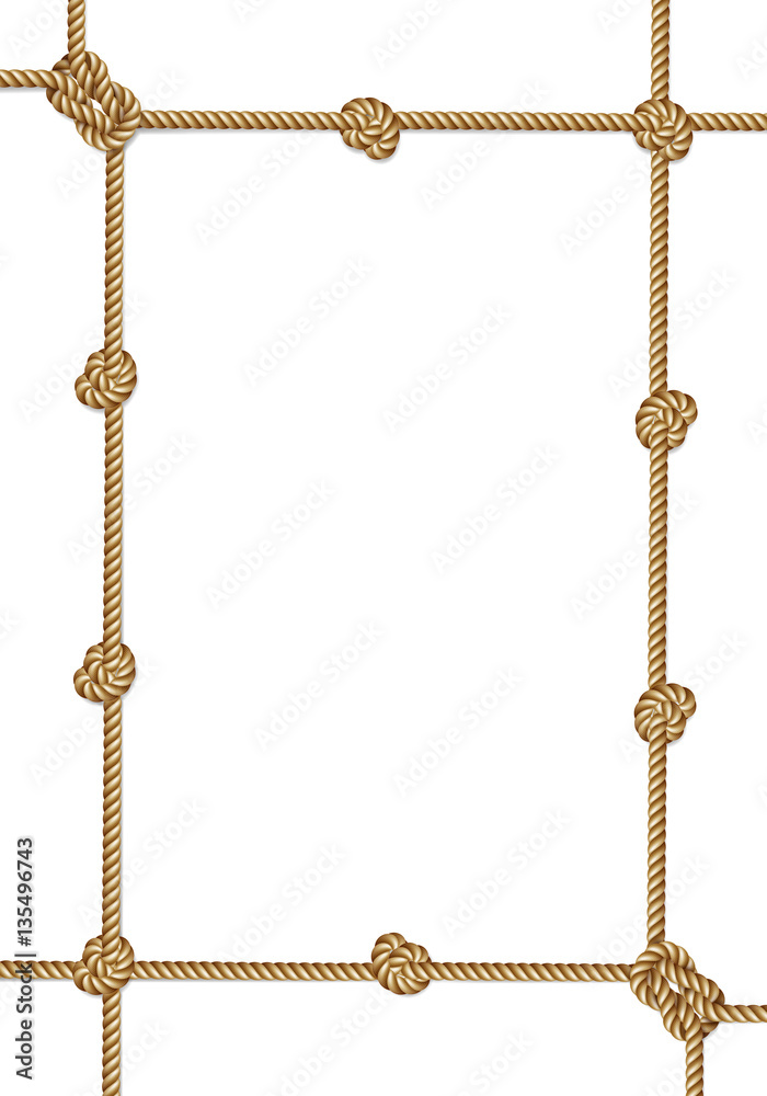 Yellow rope woven vector border with rope knots, vertical vector frame, isolated on white Yellow rope woven vector border with rope knots, vertical vector frame, isolated on white