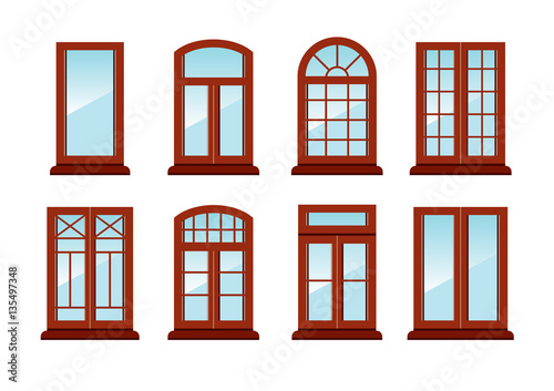 Vector set of different types of brown windows. Icon collection. Flat style illustration