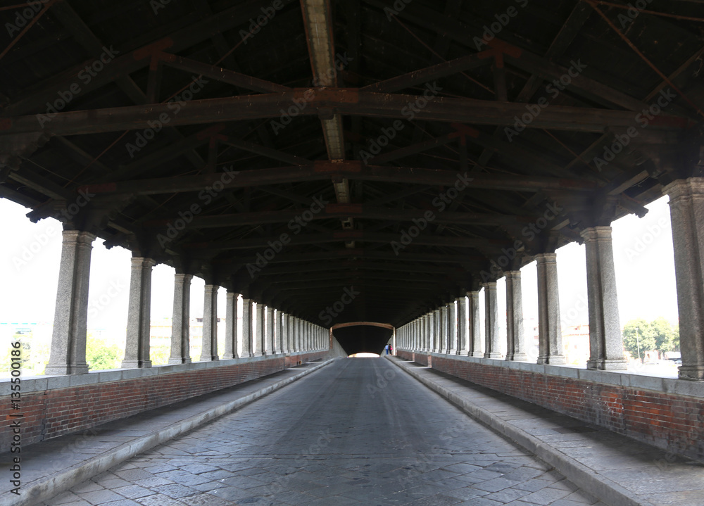 inside the wooden bridge in Pavia in Italy
