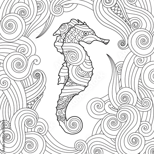 Hand drawn sketch of seahorse surrounded by waves in doodle style.
