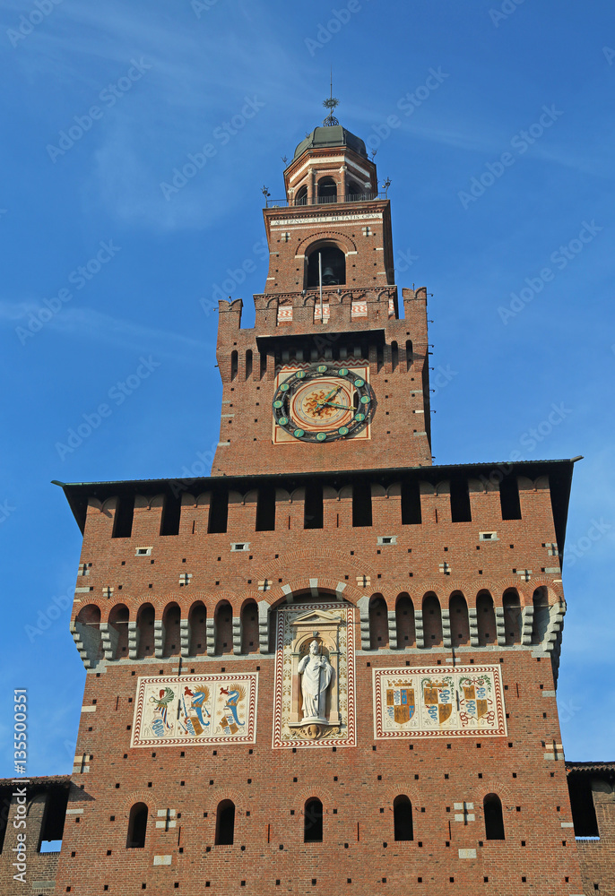 big clock tower of Castle called Castello Sforzesco in Italy