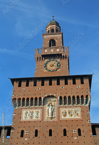 big clock tower of Castle called Castello Sforzesco in Italy