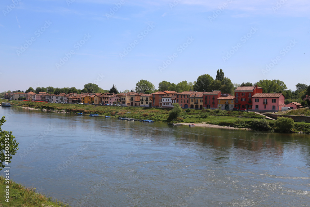 houses and the ticino river from the ancient bridge