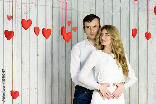 Romantic happy couple holding scene. Celebrate anniversary or Valentine's day...
