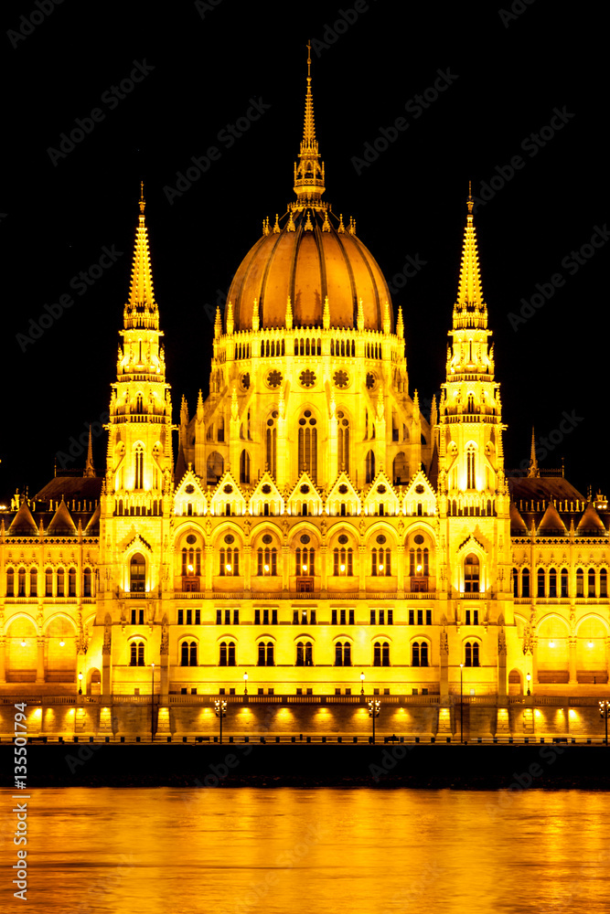 Fototapeta premium Central part of illuminated historical building of Hungarian Parliament on Danube River Embankment in Budapest by night, Hungary, Europe.