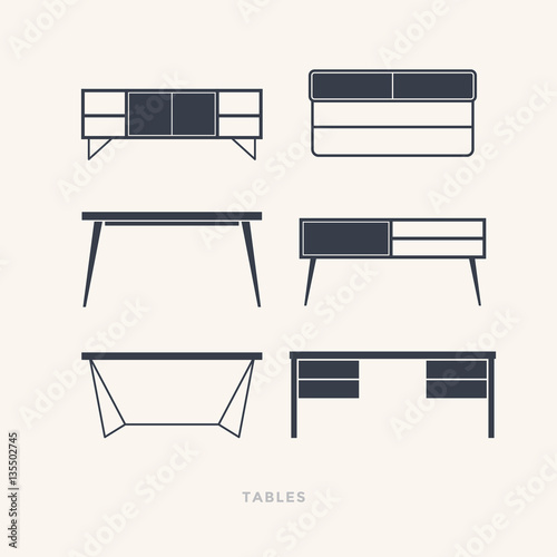 Set of silhouettes of tables on a light background. Furniture icons. Vector Illustration.