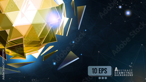 The glowing yellow golden polygonal abstract triangular sphere combine on dark shatter graphic template background