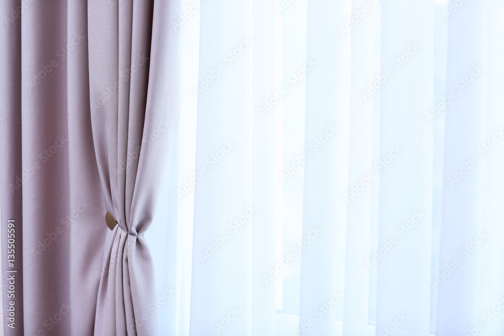 Room window with white and grey curtains, close up Room window with white and grey curtains, close up