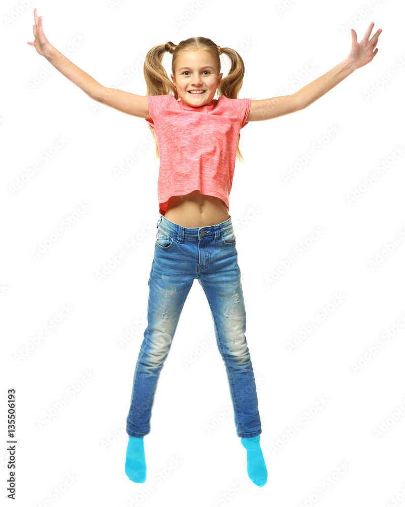 Emotional little girl jumping on white background Emotional little girl jumping on white background