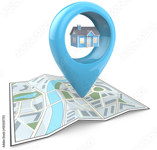 Property Search. 3D render of a Map with Large Blue GPS Pointer containing a Blue House. 