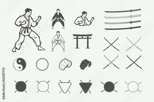 Set of vintage karate or martial arts logo, emblem, badge, label