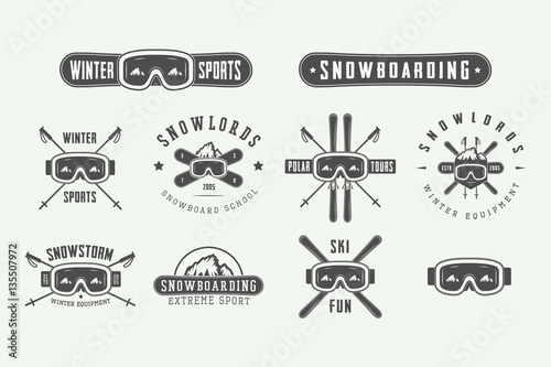 Set of vintage snowboarding or winter sports logos, badges