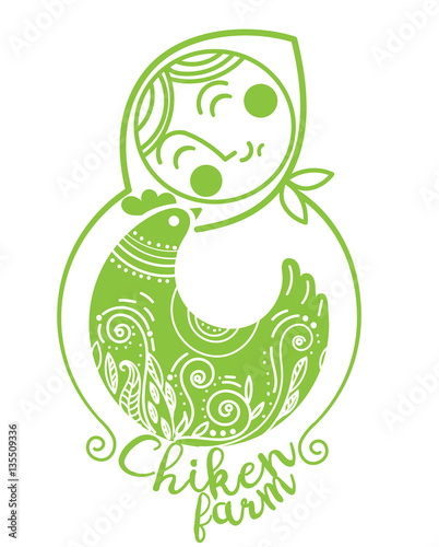 Farm logotype with woman and chicken. Vector illustration