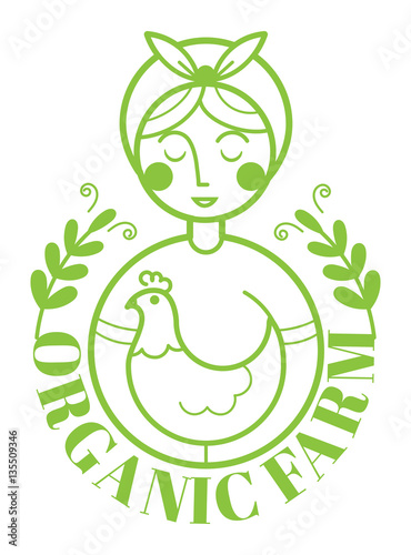 Farm logotype with woman and chicken. Vector illustration