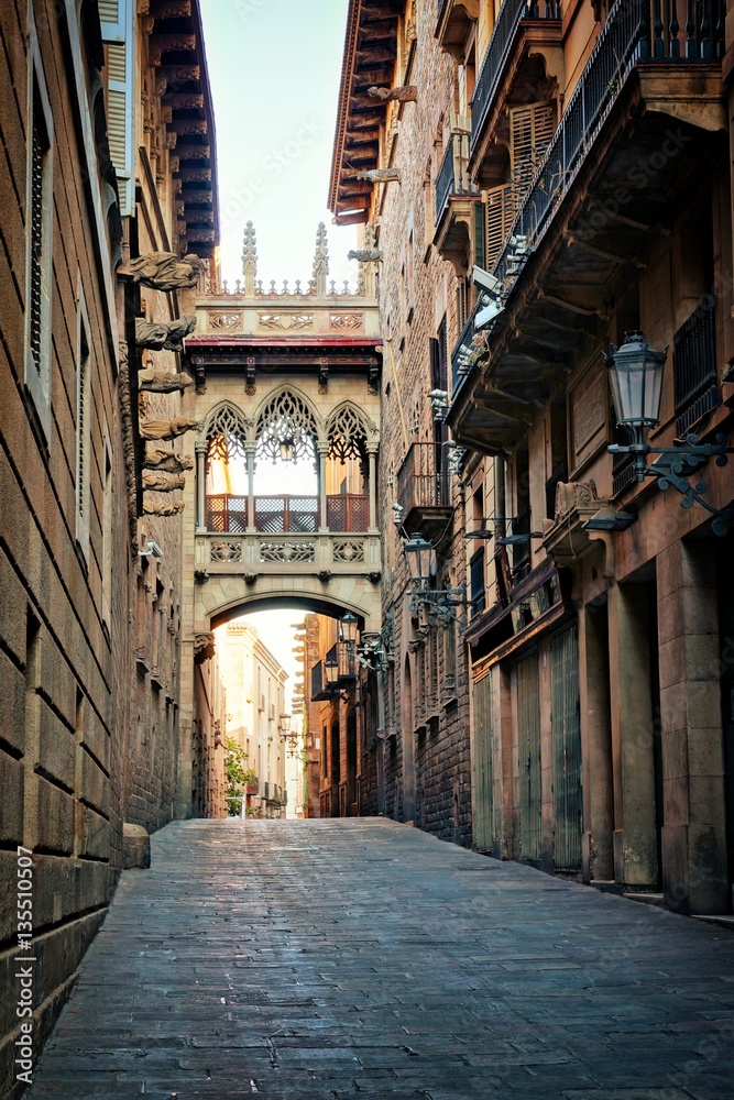 Naklejka premium Zabytkowy most w dzielnicy gotyckiej starej Barcelony, Hiszpania