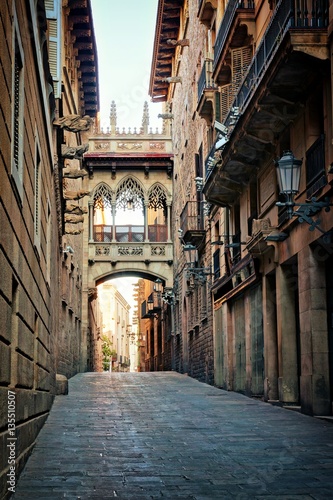 Historic covered bridge in the Gothic Quarter of old Barcelona, Spain