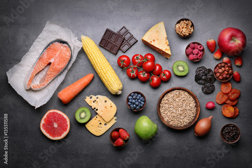 Healthy food on gray background