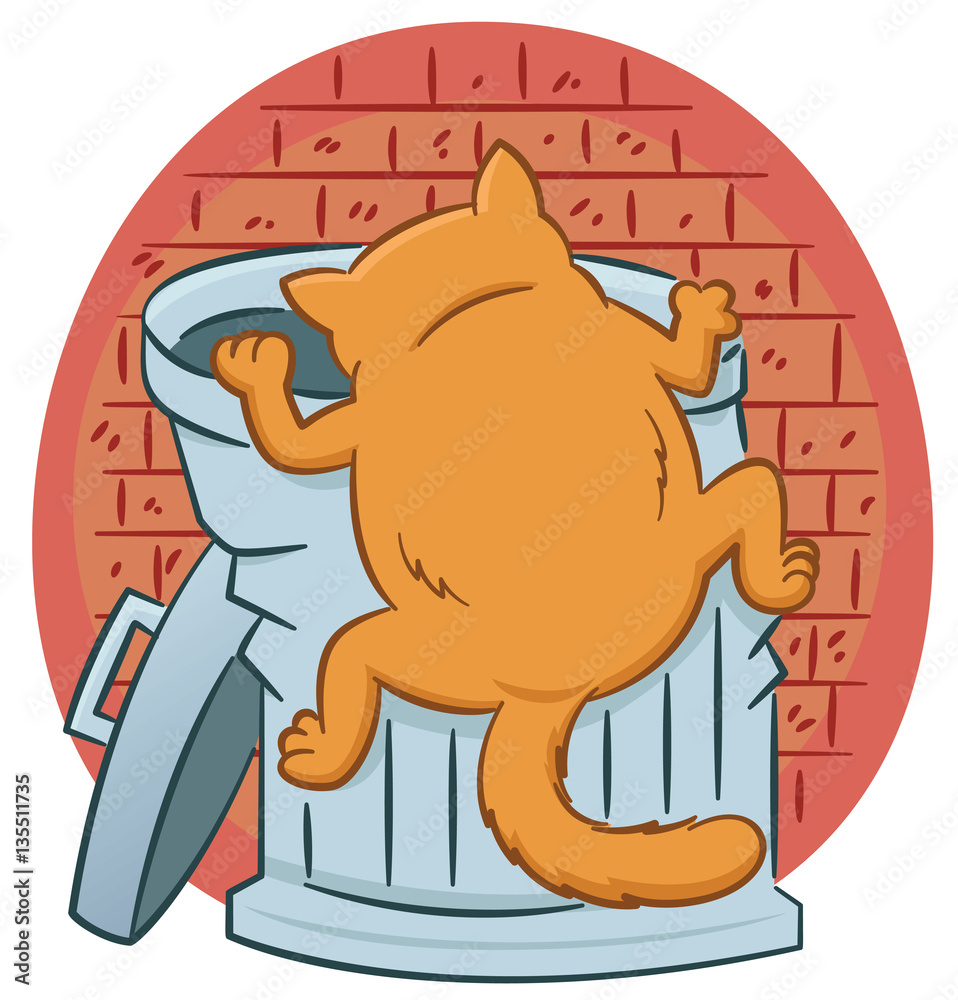 Cat Looking for Food in the Trash Can Cartoon Illustration Stock Vector