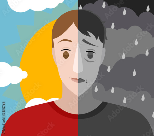 bipolar man face happy and dreppresion sky
