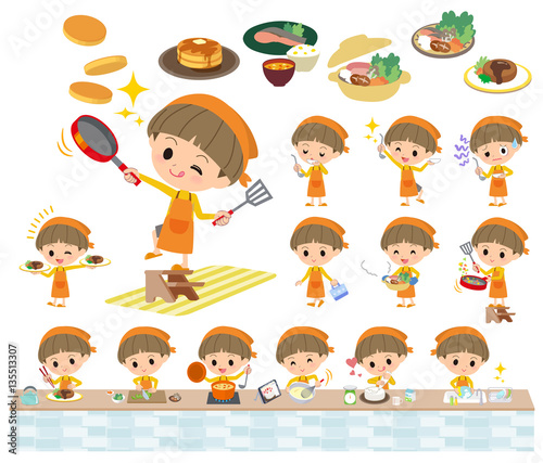 Yellow clothes Bobbed boy cooking