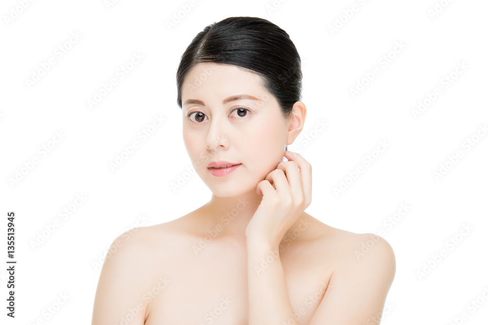 beauty asian woman model touch perfect skin face
