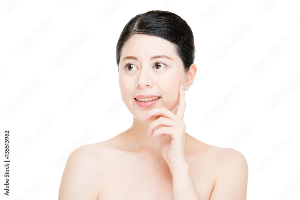 happy asian woman model finger touch perfect face happy asian woman model finger touch perfect face