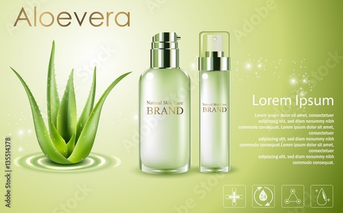 Aloe vera cosmetic ads, green spray bottles with aloe vera