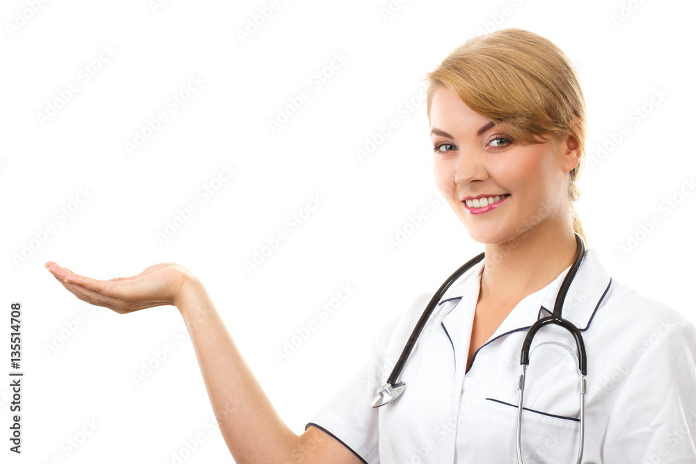 Woman doctor with stethoscope and empty hand, copy space for text, healthcare concept Woman doctor with stethoscope and empty hand, copy space for text, healthcare concept