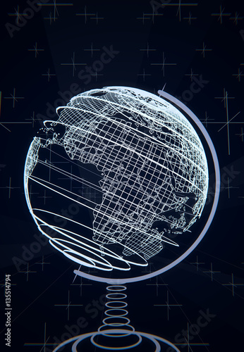 Futuristic glowing terrestrial globe made of wireframes (3D rendering) illustrating globalization, internationalization, travel or global modern future concepts Internet or Communication