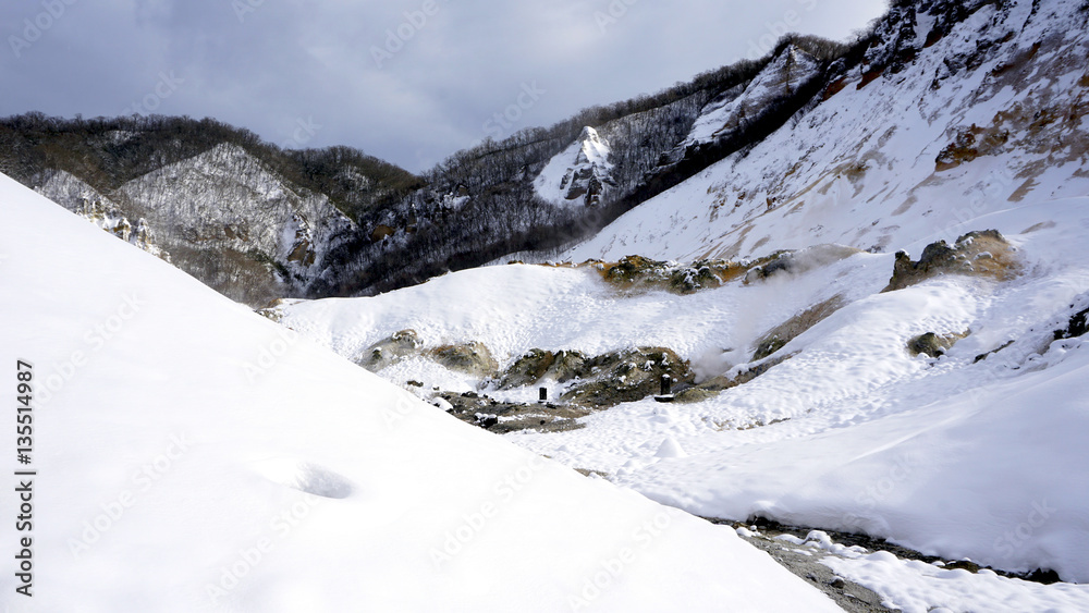 Noboribetsu onsen hell valley snow white mountain winter