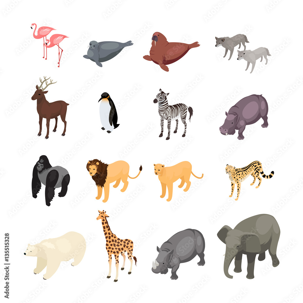 Isometric wild animals isolated on white background. Set of wild ...