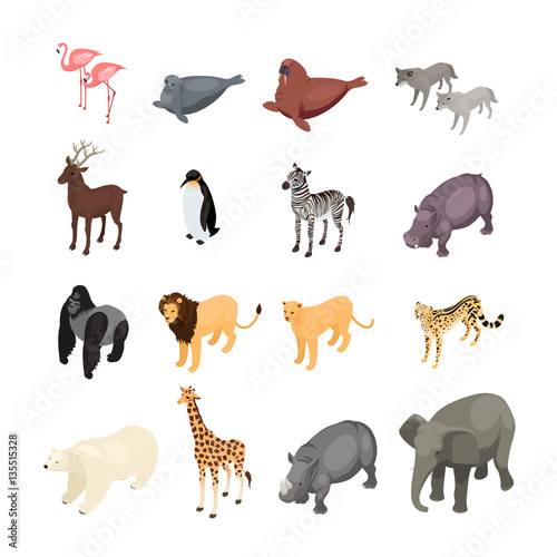 Isometric wild animals isolated on white background. Set of wild animals from various climatic zones. Vector illustration.