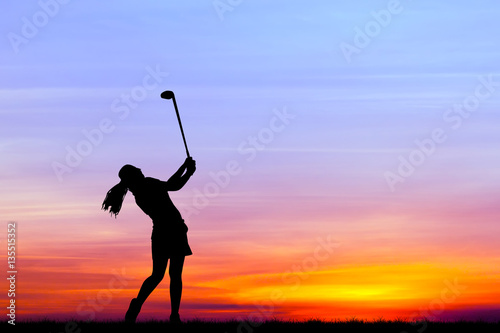 silhouette golfer playing golf during beautiful sunset