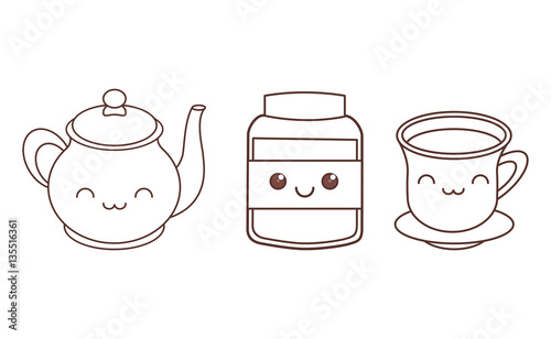 teapot tea cup and jar kawaii icon image black line  vector illustration design 